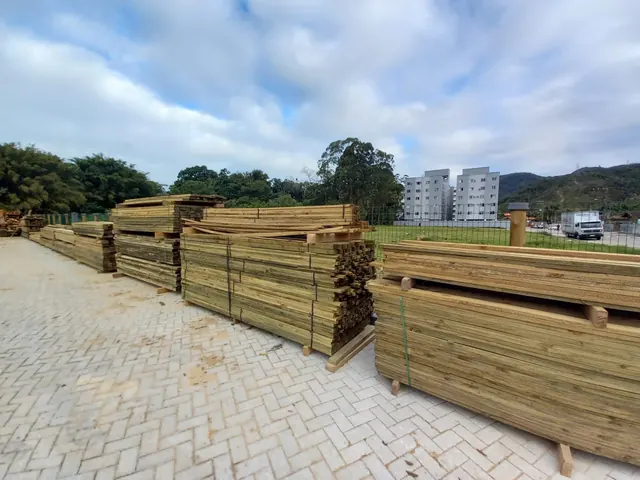Estoque de Pinus tratado em autoclave no pátio da Madeireira Rio Amazonas